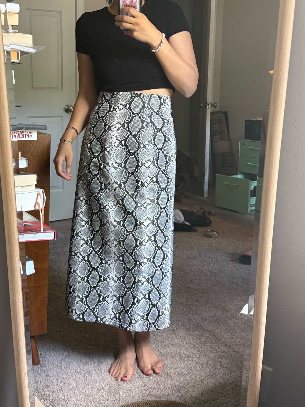 Topshop Snake-Print Maxi Skirt in Black and White